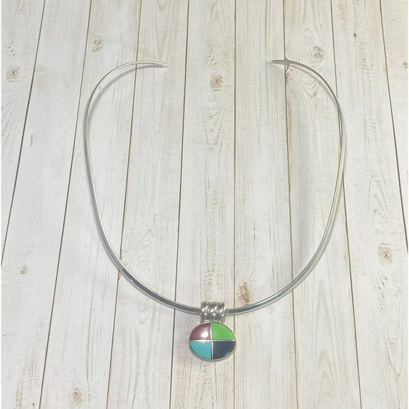 Vintage 925 Choker Necklace Multi Gemstone Pendant Modernist 15 inches - Picture 3 of 7